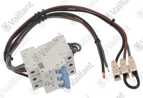Vaillant Kabelbaum mit vier Leitungen, verbunden mit einer Sicherheitseinheit. Anschlussklemmen und Kabel in verschiedenen Farben, geeignet für elektrische Installationen.